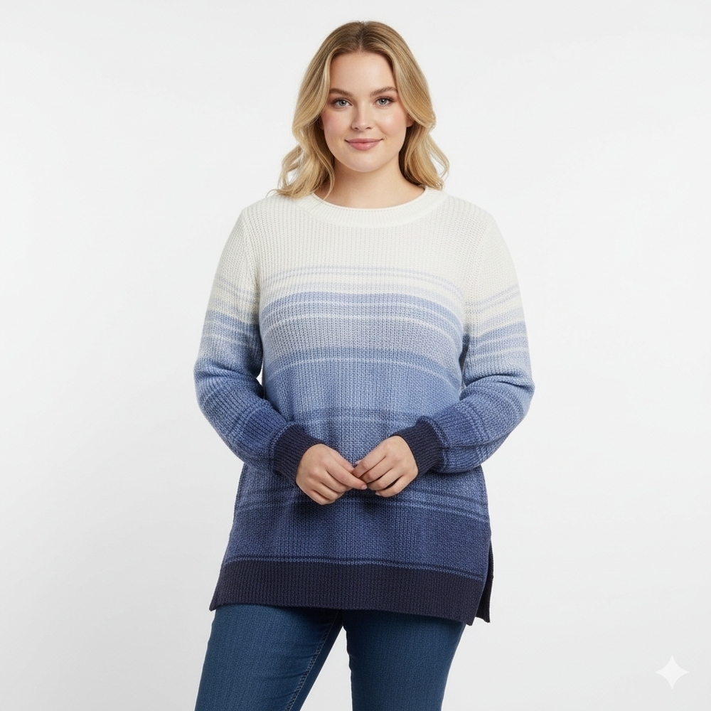 Penningtons White Blue Ombre 100% Cotton Knit Long Sleeve Crew Sweater Size 0X